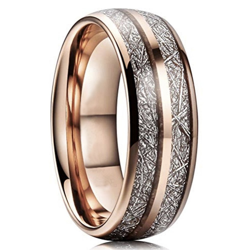 Womens Tungsten Wedding Band 8mm. Rose Gold Double Line Inspired Meteorite Ring